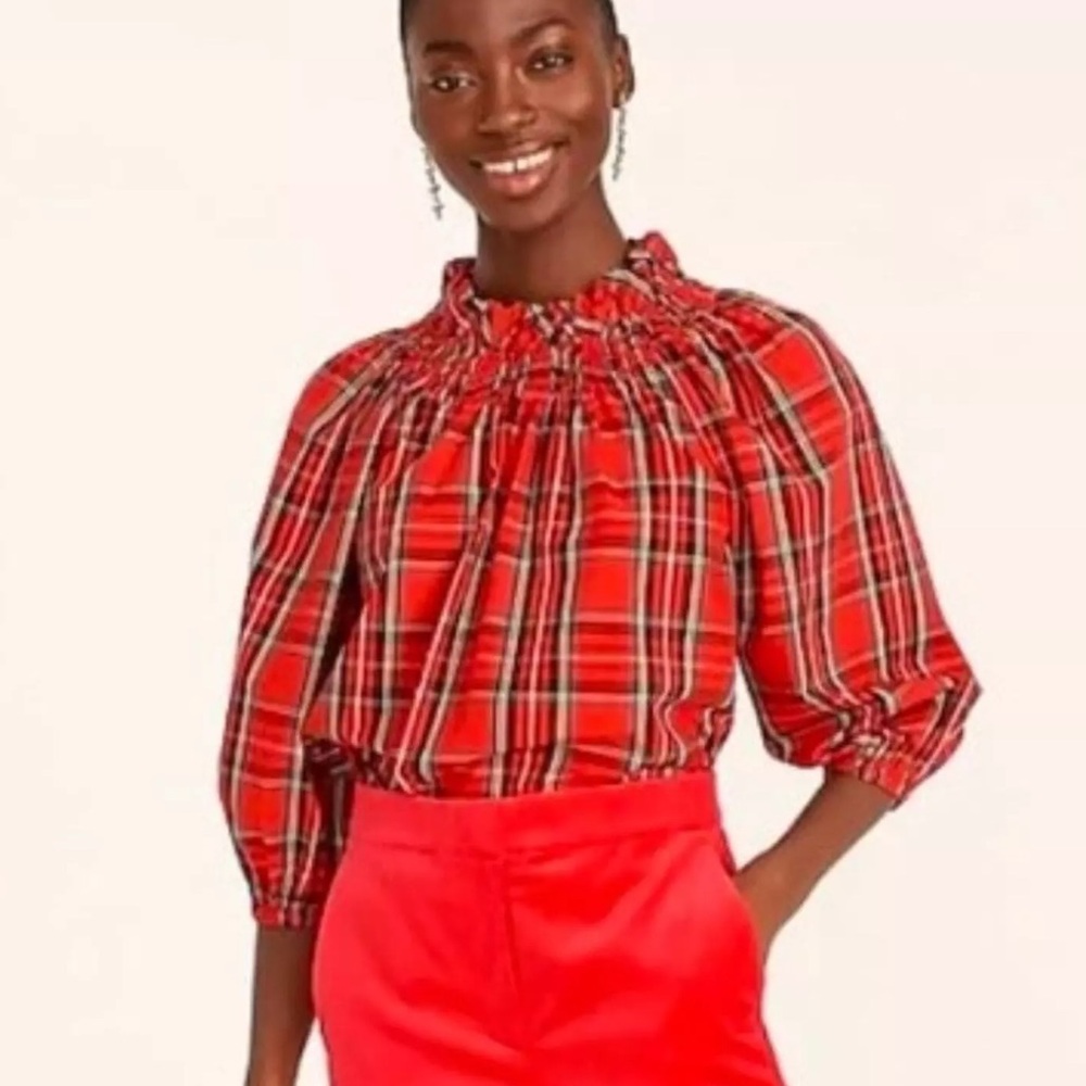 J. Crew Christmas Holiday Smocked Neck Blouse "Good Tidings" Plaid Sz medium NWT